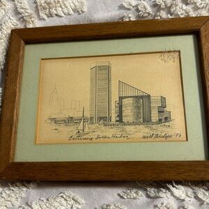 Baltimore Inner Harbor Drawing Framed 5”x7” Print Signed Dated